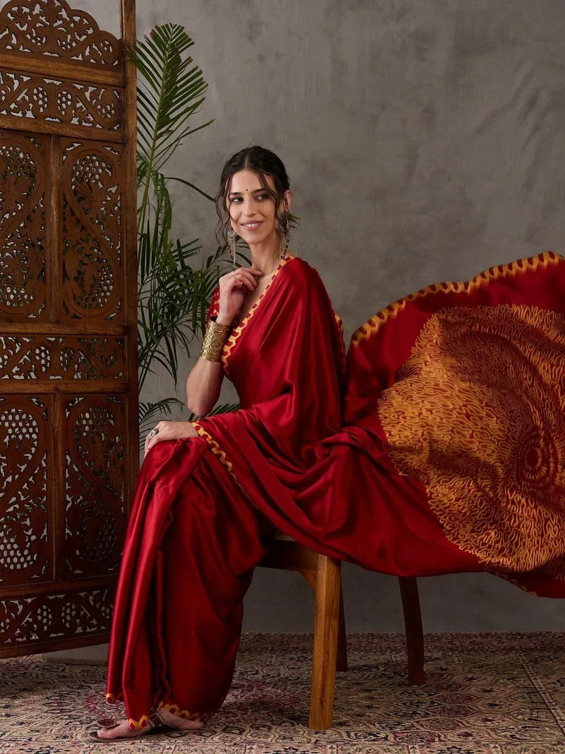 Red Semi Modal Saree With Blouse Piece - EZBER