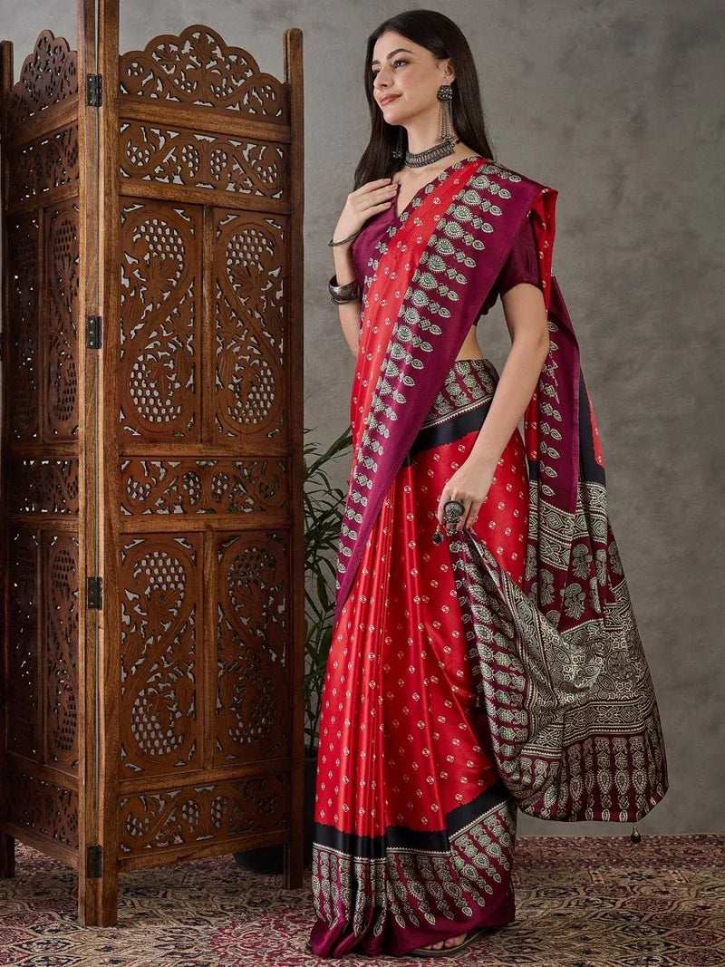 Red Semi Modal Saree With Blouse Piece - EZBER