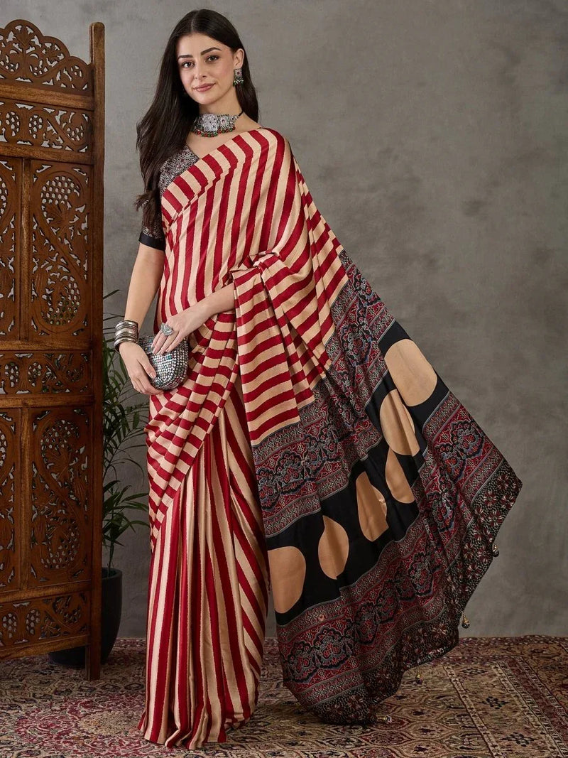 Red Semi Modal Saree With Blouse Piece - EZBER