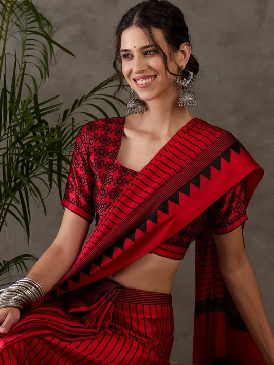 Red Semi Modal Saree With Blouse Piece - EZBER