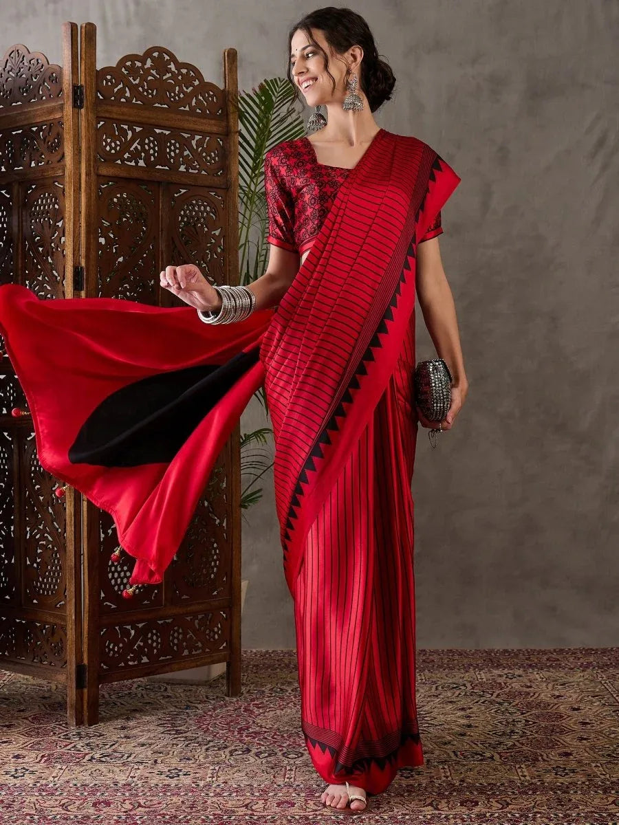 Red Semi Modal Saree With Blouse Piece - EZBER