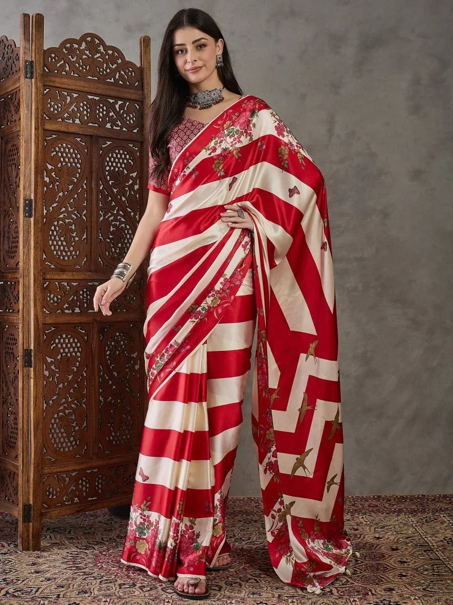 Red Semi Modal Saree With Blouse Piece - EZBER