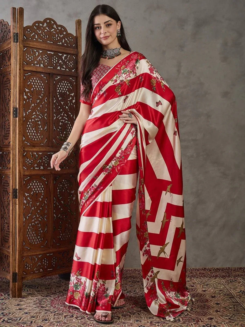 Red Semi Modal Saree With Blouse Piece - EZBER