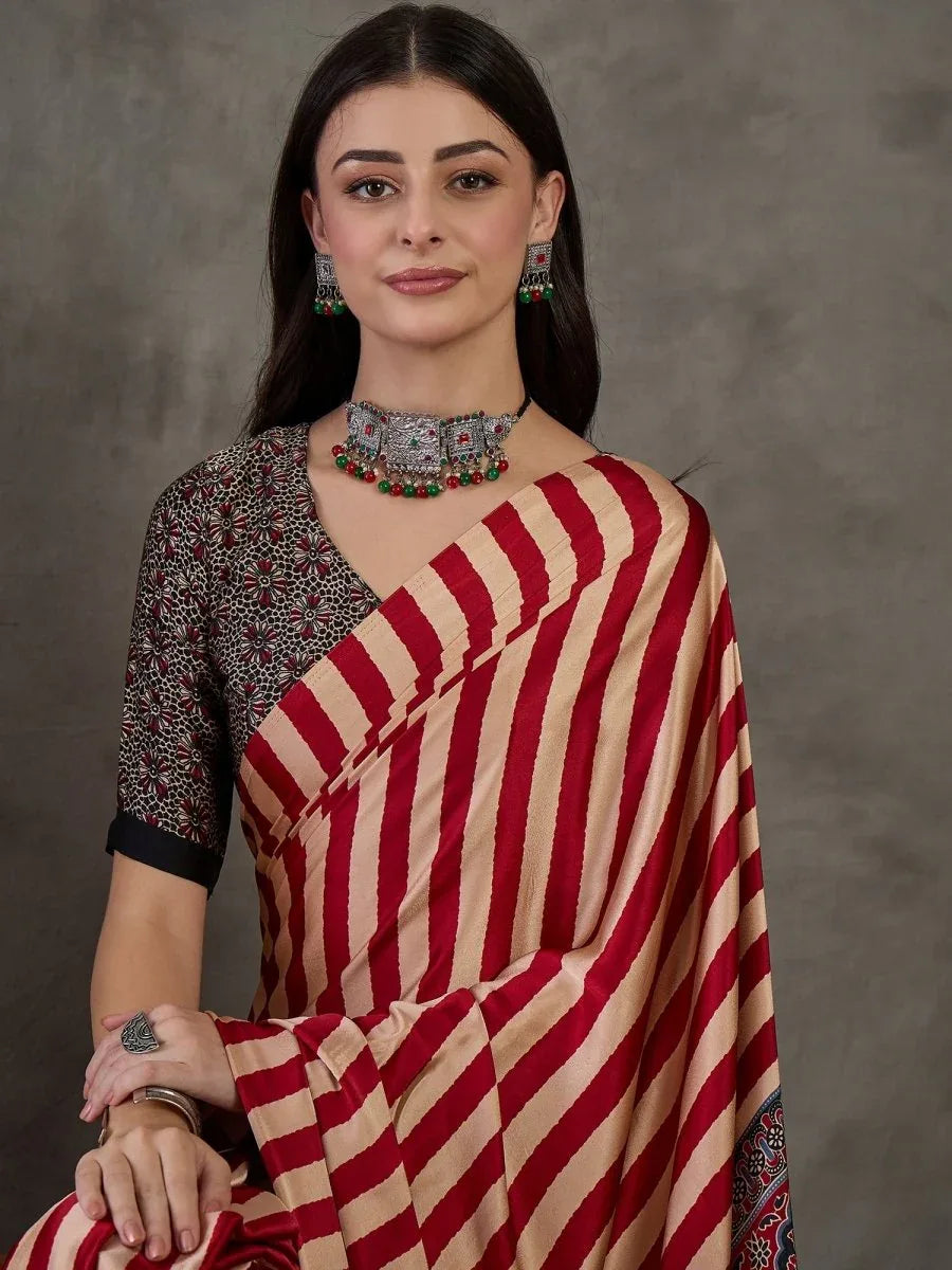 Red Semi Modal Saree With Blouse Piece - EZBER