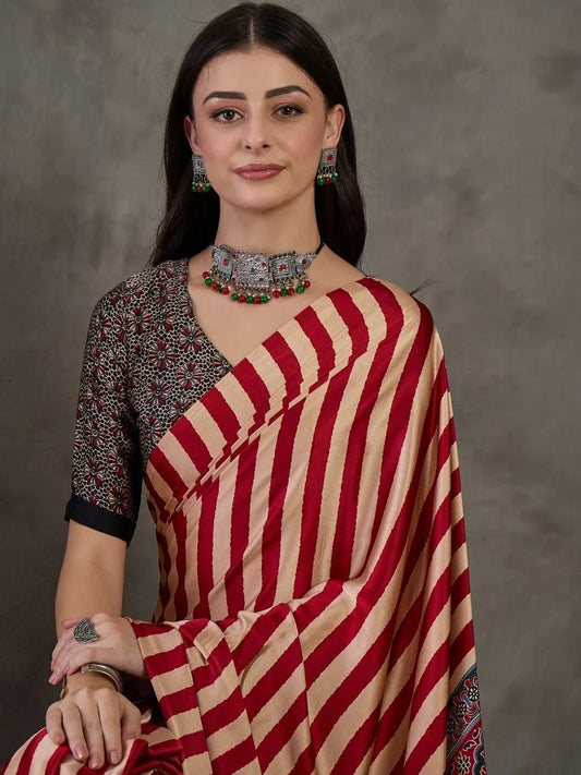 Red Semi Modal Saree With Blouse Piece - EZBER