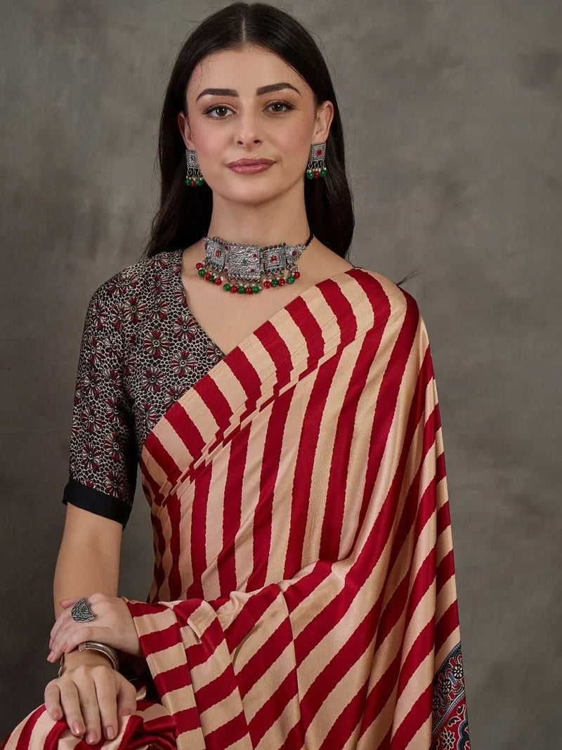 Red Semi Modal Saree With Blouse Piece - EZBER