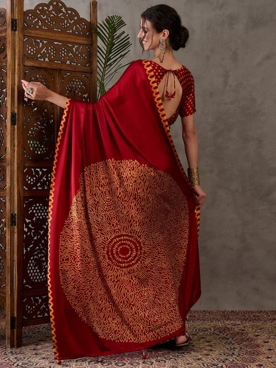 Red Semi Modal Saree With Blouse Piece - EZBER