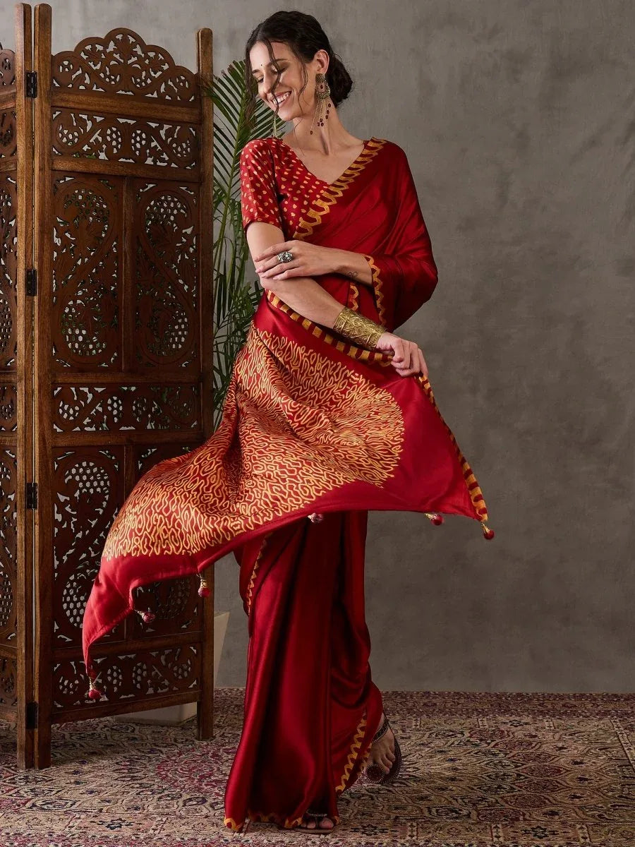 Red Semi Modal Saree With Blouse Piece - EZBER