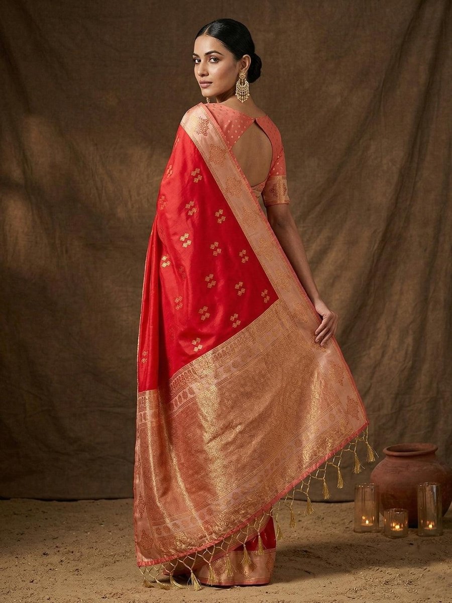 Red Silk Blend Handloom Saree | EZB SI04 SUMER1005 - EZBER