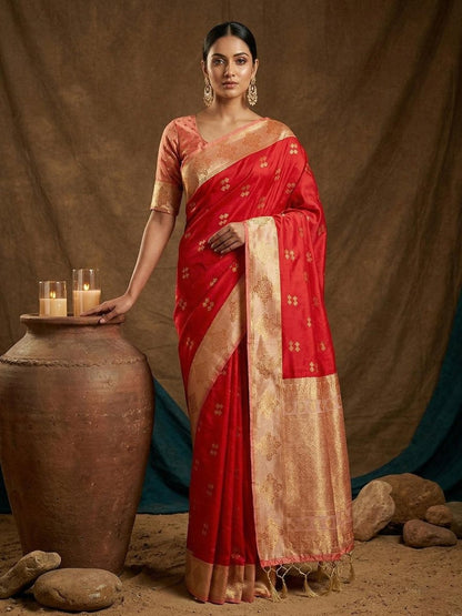 Red Silk Blend Handloom Saree | EZB SI04 SUMER1005 - EZBER