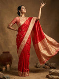 Red Silk Blend Handloom Saree | EZB SI04 SUMER1005 - EZBER