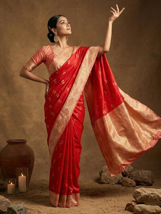 Red Silk Blend Handloom Saree | EZB SI04 SUMER1005 - EZBER