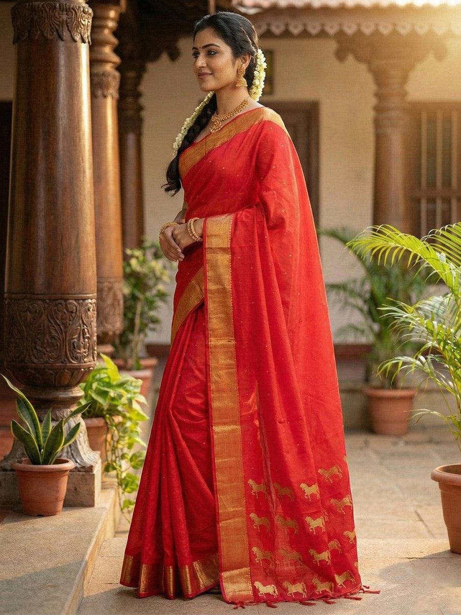 Red Silk Blend Handloom Saree | EZB SI04 SURJA1008 - EZBER