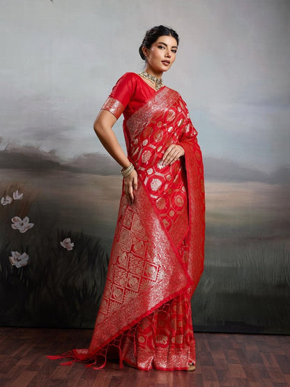 Red Silk Blend Handloom Saree | EZB SI04 SURJW2002 - EZBER
