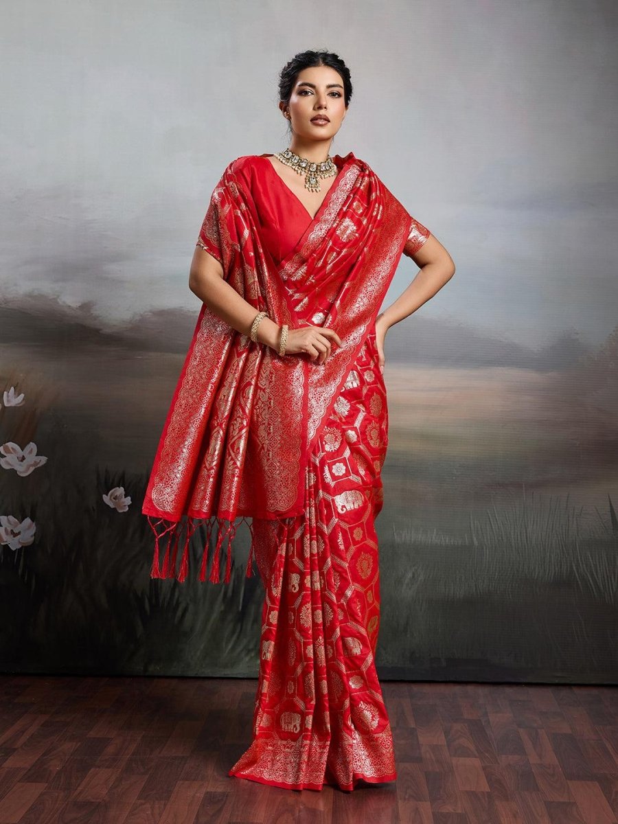 Red Silk Blend Handloom Saree | EZB SI04 SURJW2002 - EZBER