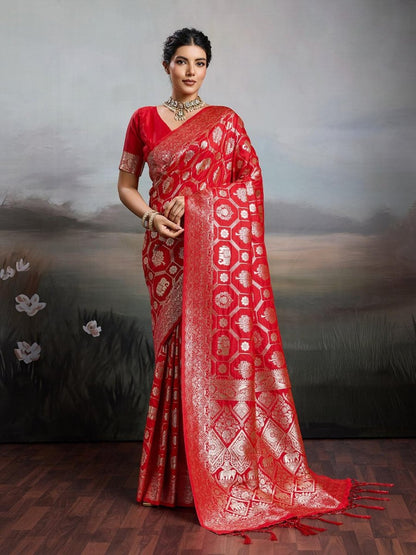 Red Silk Blend Handloom Saree | EZB SI04 SURJW2002 - EZBER