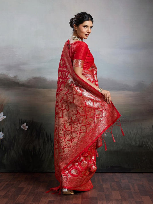 Red Silk Blend Handloom Saree | EZB SI04 SURJW2002 - EZBER