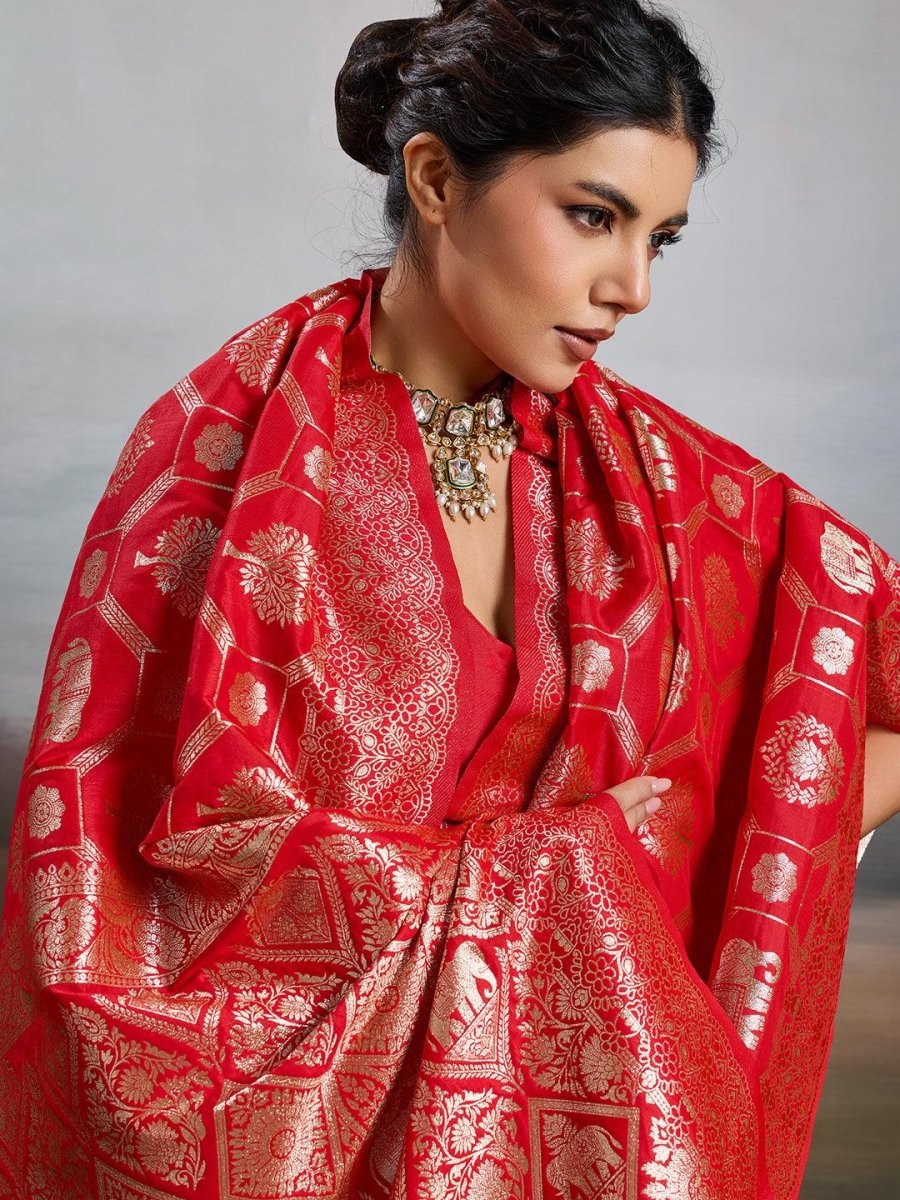 Red Silk Blend Handloom Saree | EZB SI04 SURJW2002 - EZBER