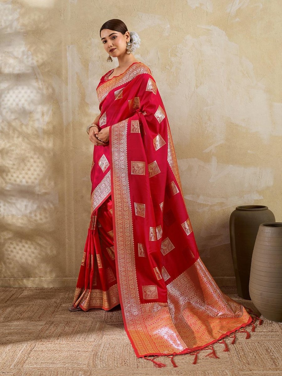 Red Silk Blend Handloom Saree | EZB SI04 SURJW3004 - EZBER