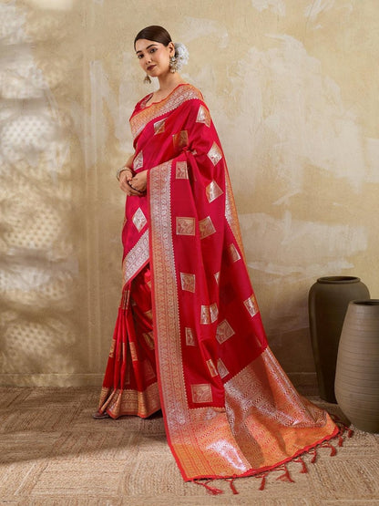 Red Silk Blend Handloom Saree | EZB SI04 SURJW3004 - EZBER