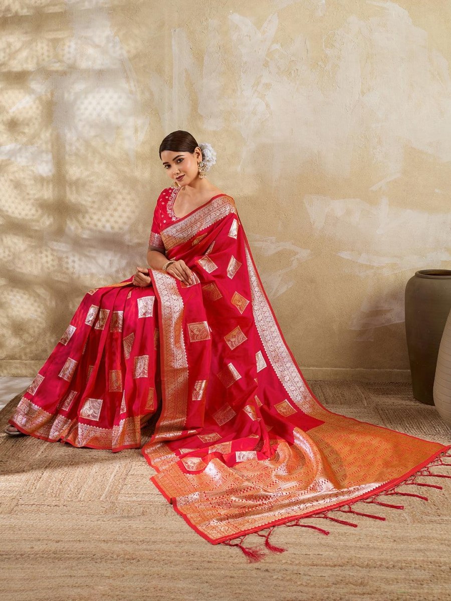 Red Silk Blend Handloom Saree | EZB SI04 SURJW3004 - EZBER