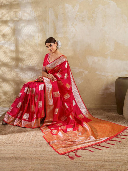 Red Silk Blend Handloom Saree | EZB SI04 SURJW3004 - EZBER