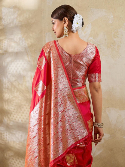 Red Silk Blend Handloom Saree | EZB SI04 SURJW3004 - EZBER