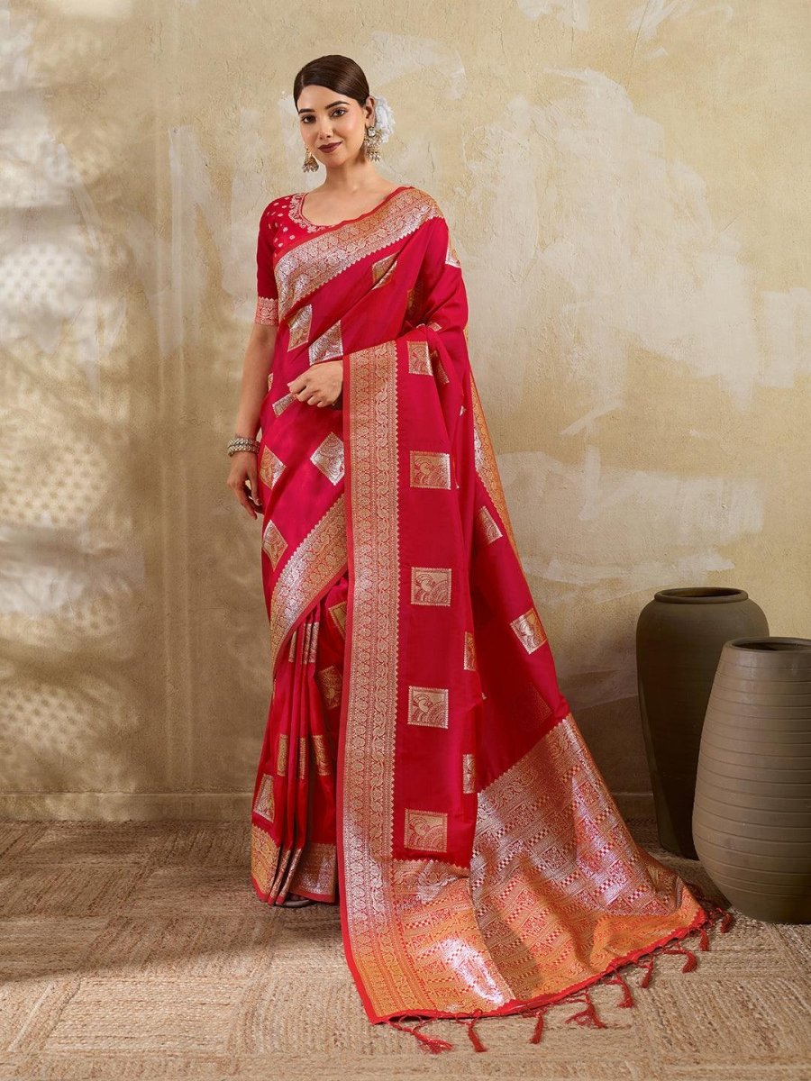 Red Silk Blend Handloom Saree | EZB SI04 SURJW3004 - EZBER