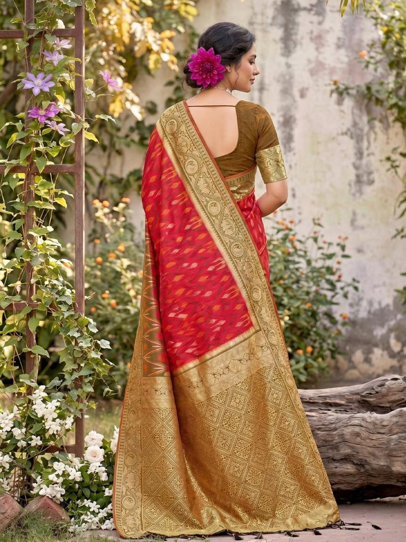 Red Soft Silk Stripe N Motif Saree | EZB SI04 SRPOC7004 - EZBER