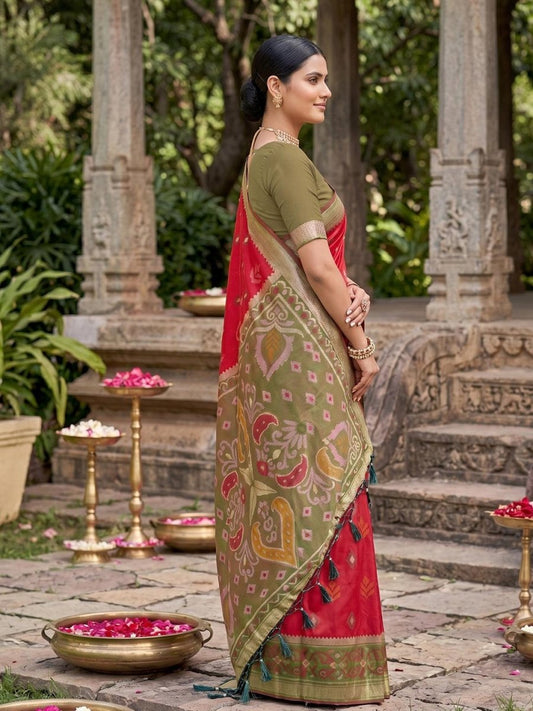 Red Soft Silk Stripe N Motif Saree | EZB SI04 SRPOC8001 - EZBER