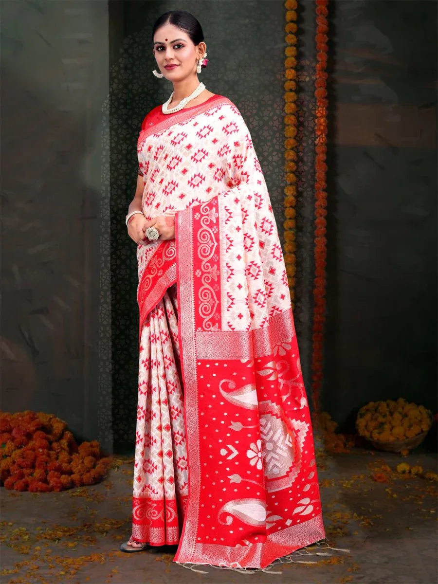 Red & White Linen Cotton Saree With Blouse Piece - EZBER