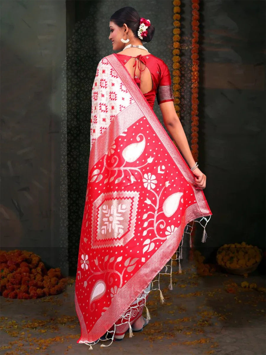 Red & White Linen Cotton Saree With Blouse Piece - EZBER