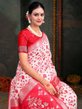 Red & White Linen Cotton Saree With Blouse Piece - EZBER