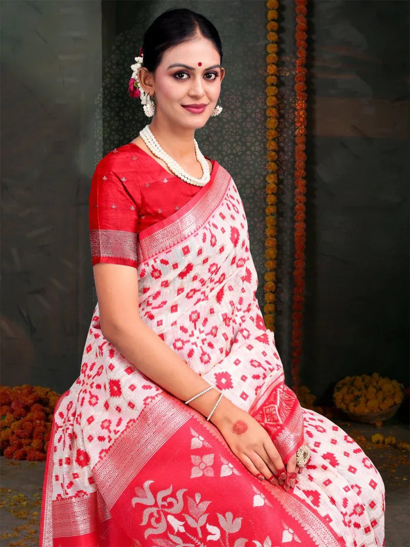 Red & White Linen Cotton Saree With Blouse Piece - EZBER
