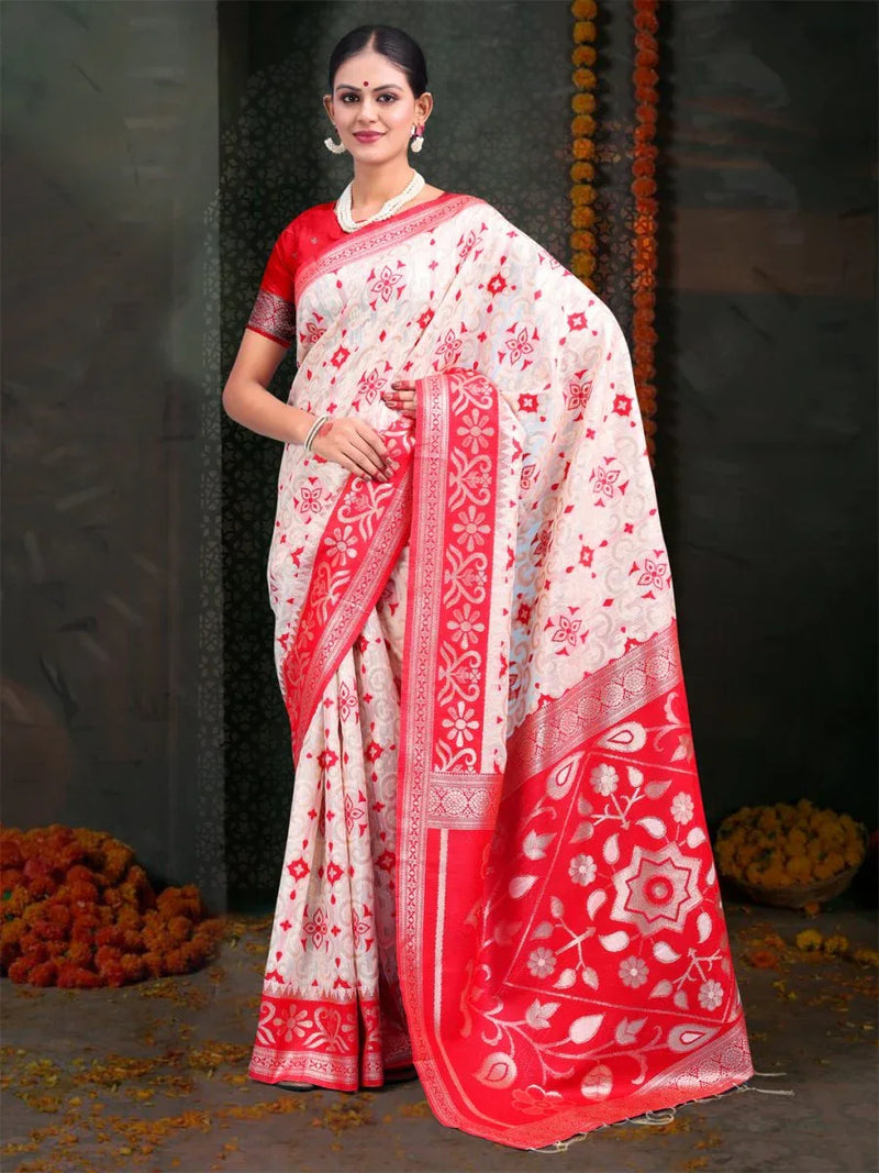 Red & White Linen Cotton Saree With Blouse Piece - EZBER