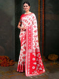 Red & White Linen Cotton Saree With Blouse Piece - EZBER