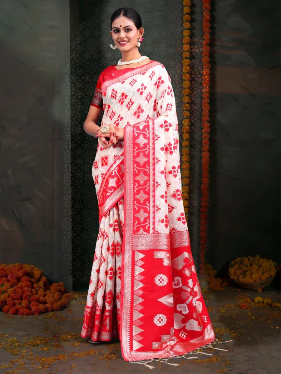 Red & White Linen Cotton Saree With Blouse Piece - EZBER