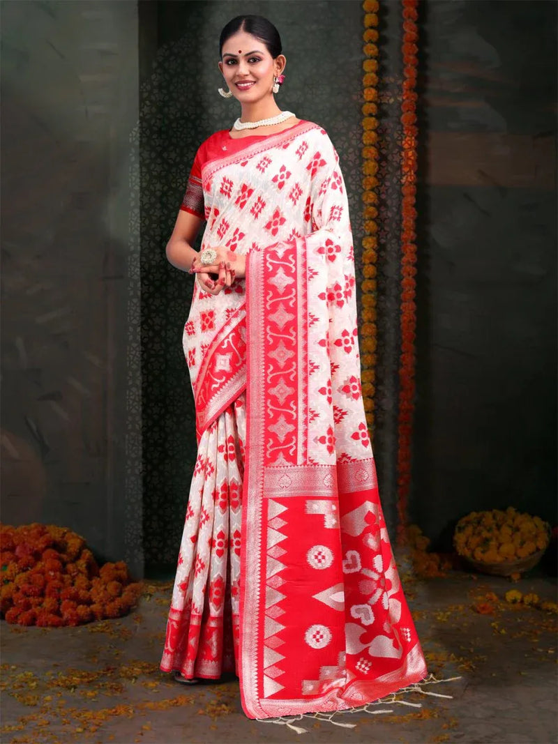 Red & White Linen Cotton Saree With Blouse Piece - EZBER