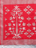 Red & White Linen Cotton Saree With Blouse Piece - EZBER