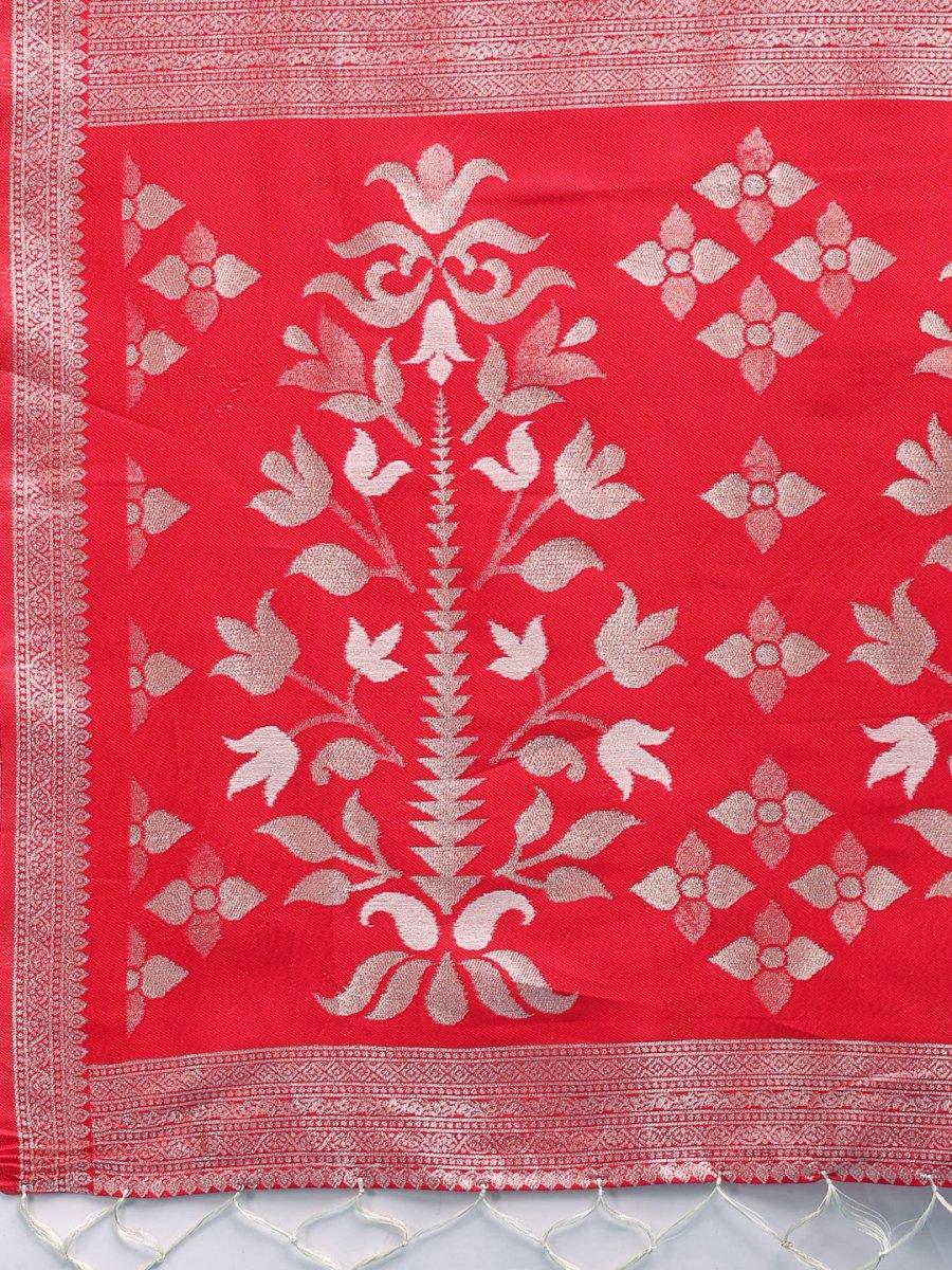 Red & White Linen Cotton Saree With Blouse Piece - EZBER