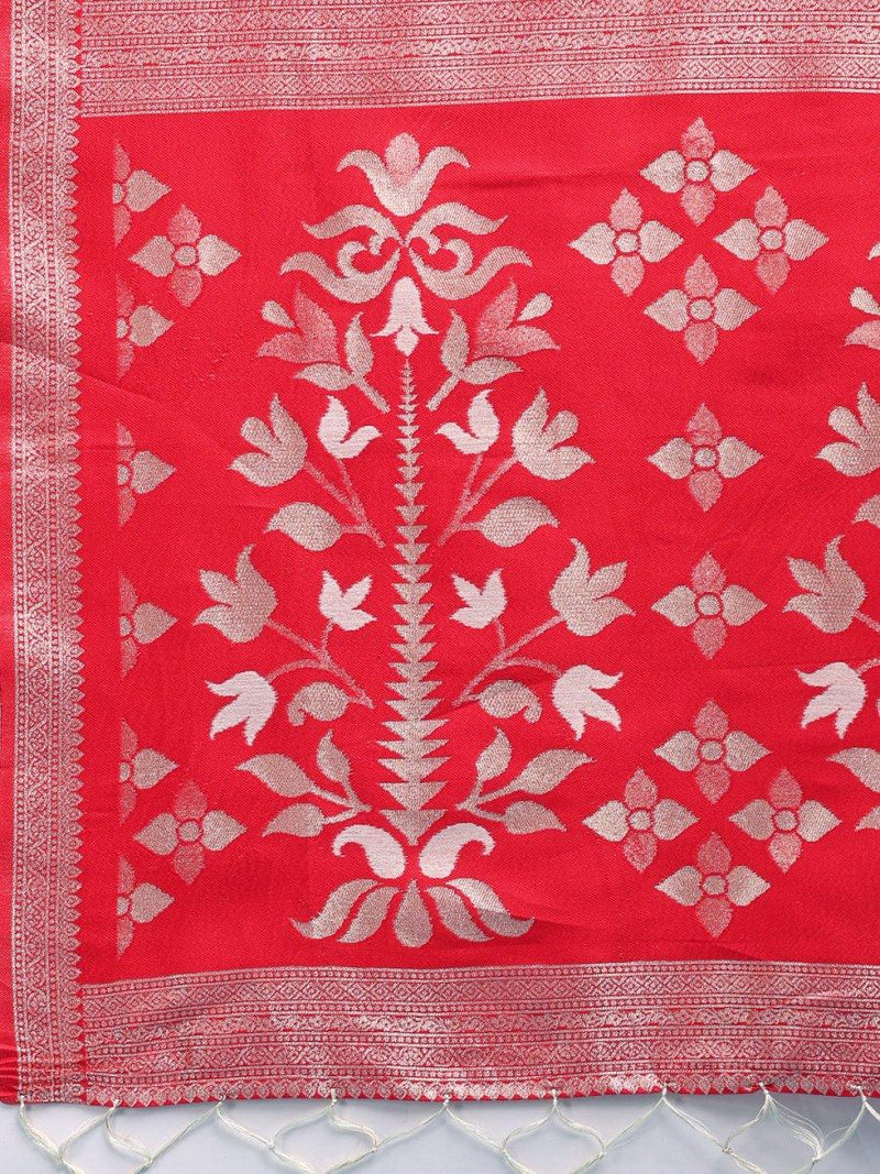 Red & White Linen Cotton Saree With Blouse Piece - EZBER