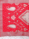 Red & White Linen Cotton Saree With Blouse Piece - EZBER