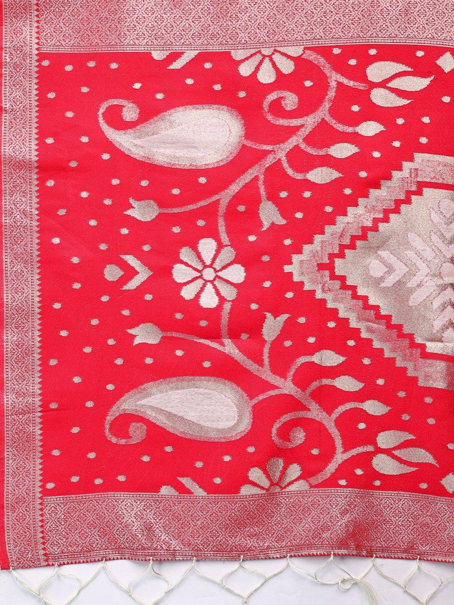 Red & White Linen Cotton Saree With Blouse Piece - EZBER