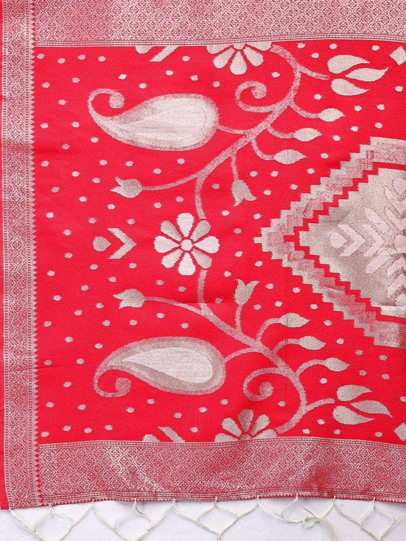 Red & White Linen Cotton Saree With Blouse Piece - EZBER
