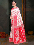 Red & White Linen Cotton Saree With Blouse Piece - EZBER