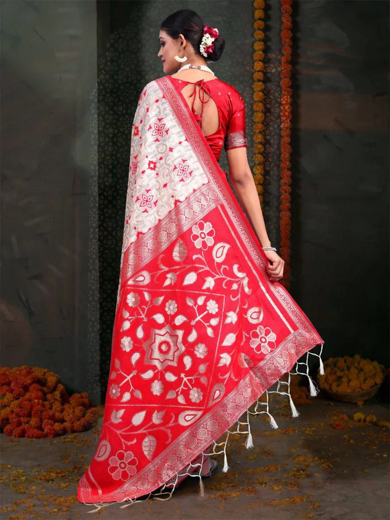 Red & White Linen Cotton Saree With Blouse Piece - EZBER