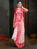 Red & White Linen Cotton Saree With Blouse Piece - EZBER