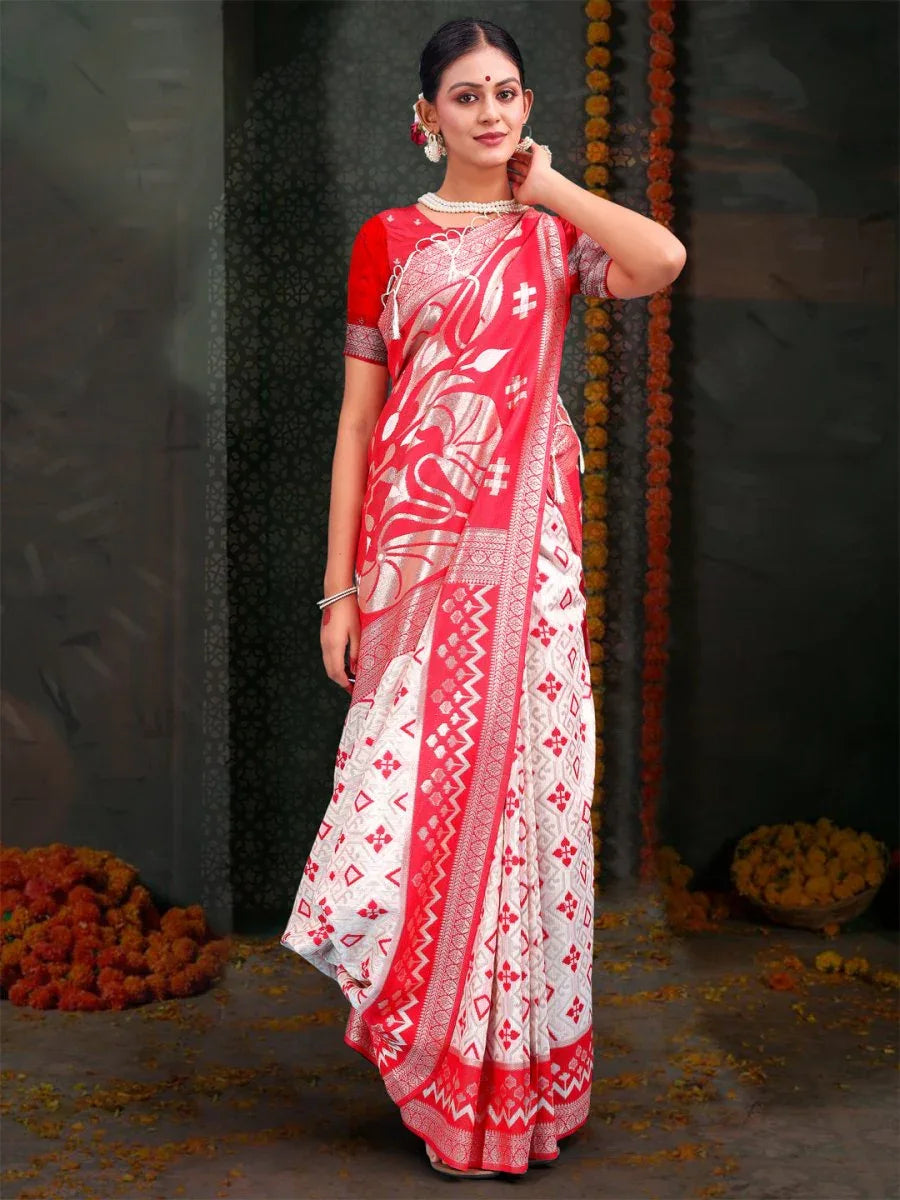 Red & White Linen Cotton Saree With Blouse Piece - EZBER
