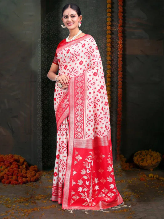 Red & White Linen Cotton Saree With Blouse Piece - EZBER