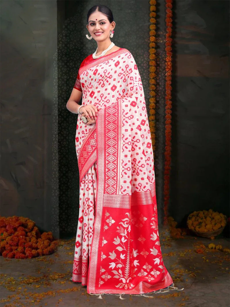 Red & White Linen Cotton Saree With Blouse Piece - EZBER